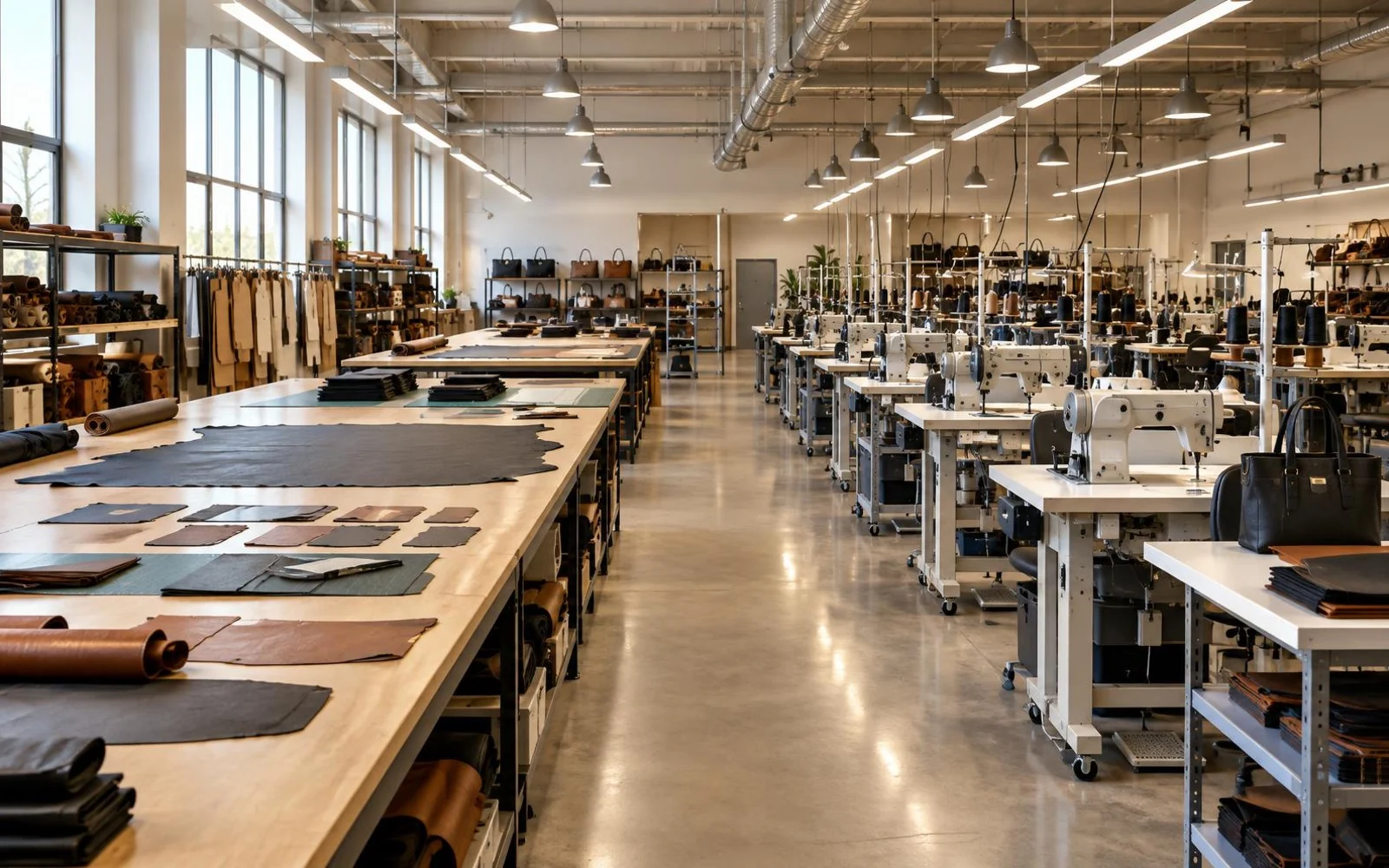 Halden Bagworks factory floor in Guangzhou Bag manufacturing floor with cutting tables and sewing stations