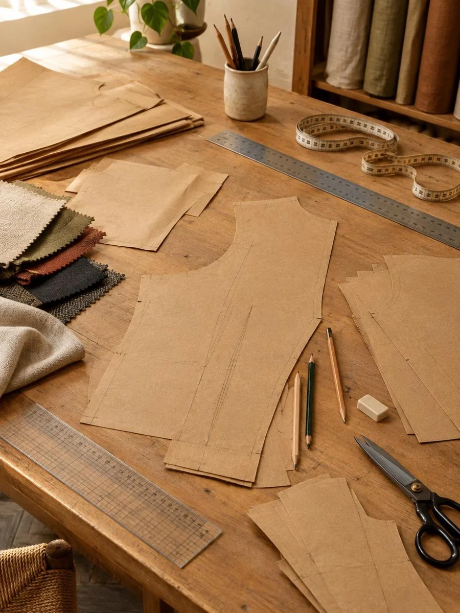 Sampling and pattern making | Halden Bagworks Pattern making table with bag templates, rulers and fabric swatches