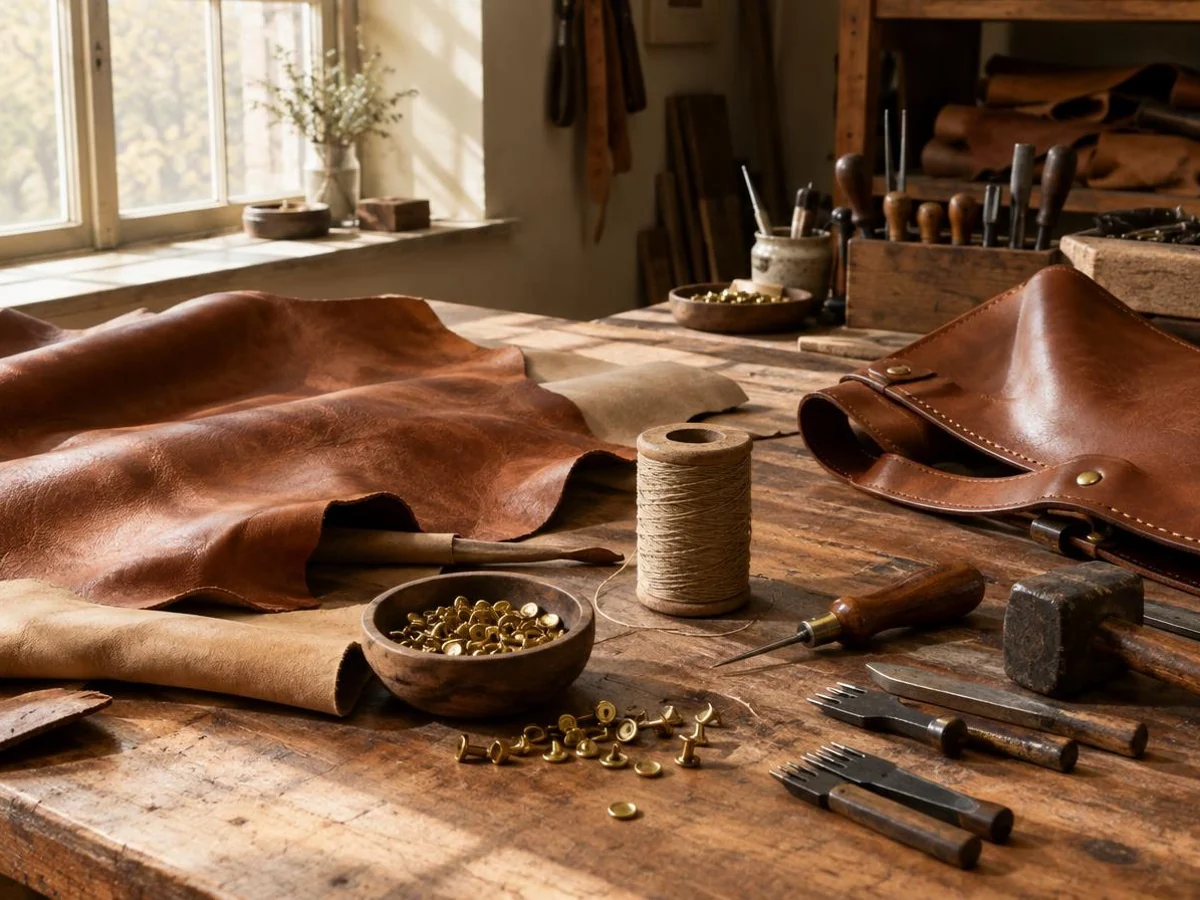 Custom bag manufacturing CTA | Halden Bagworks Bag atelier workbench with leather, thread and hand tools