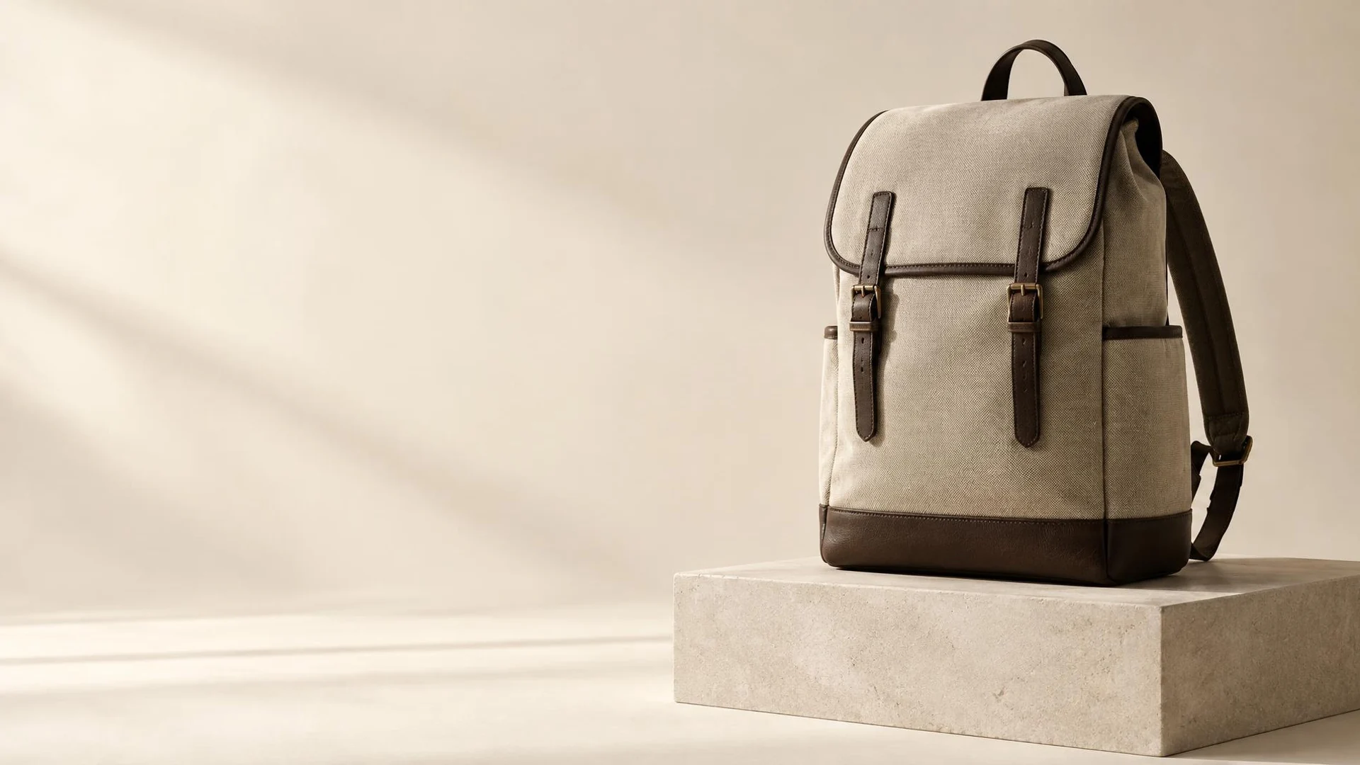 Custom bag manufacturing studio | Halden Bagworks Unbranded leather and canvas bags arranged in a warm minimal studio